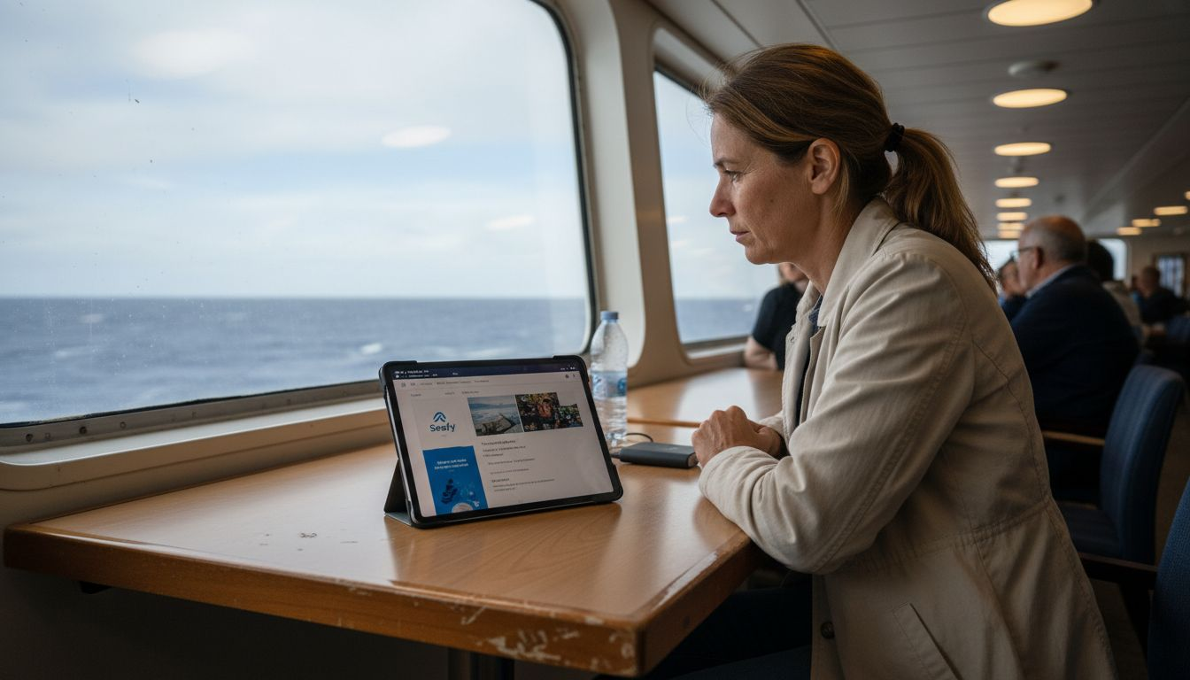 Une femme consulte le portail Seafy depuis sa tablette