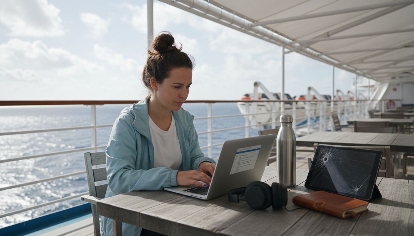 Woman working remotely on ship deck