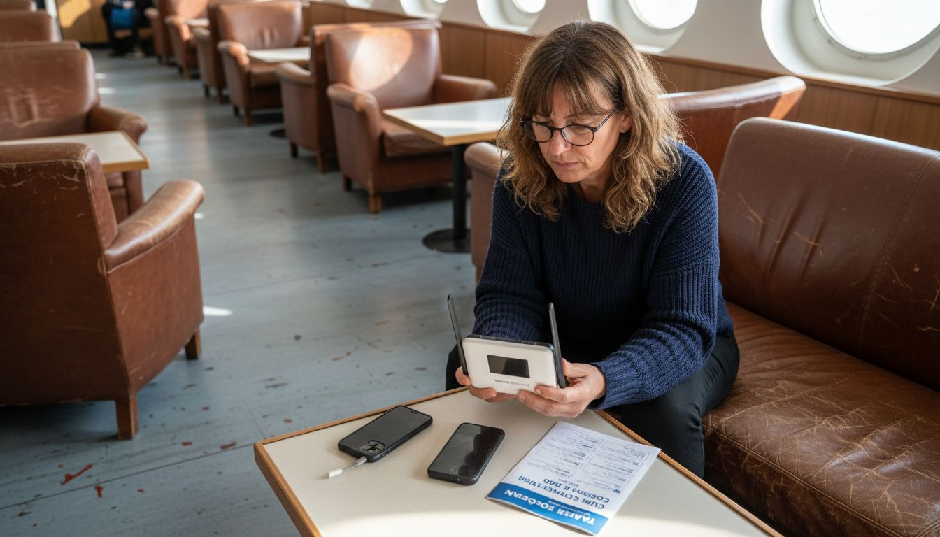 Une femme examine son routeur mobile alors qu’elle se trouve à bord d’un ferry.