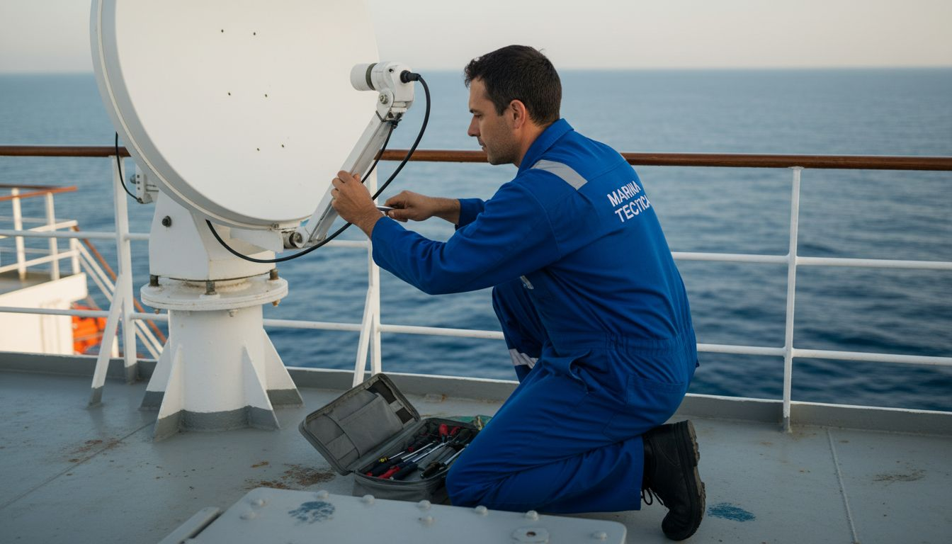 Un tecnico è al lavoro sulla nave traghetto per sistemare e calibrare l’antenna satellitare, assicurando che la connessione sia perfetta durante la traversata.