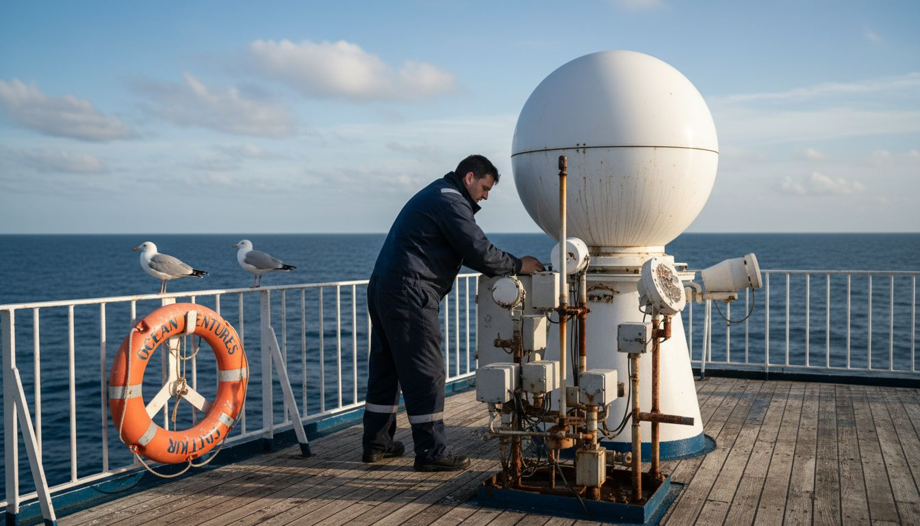 Crew member inspects ferry satellite dome