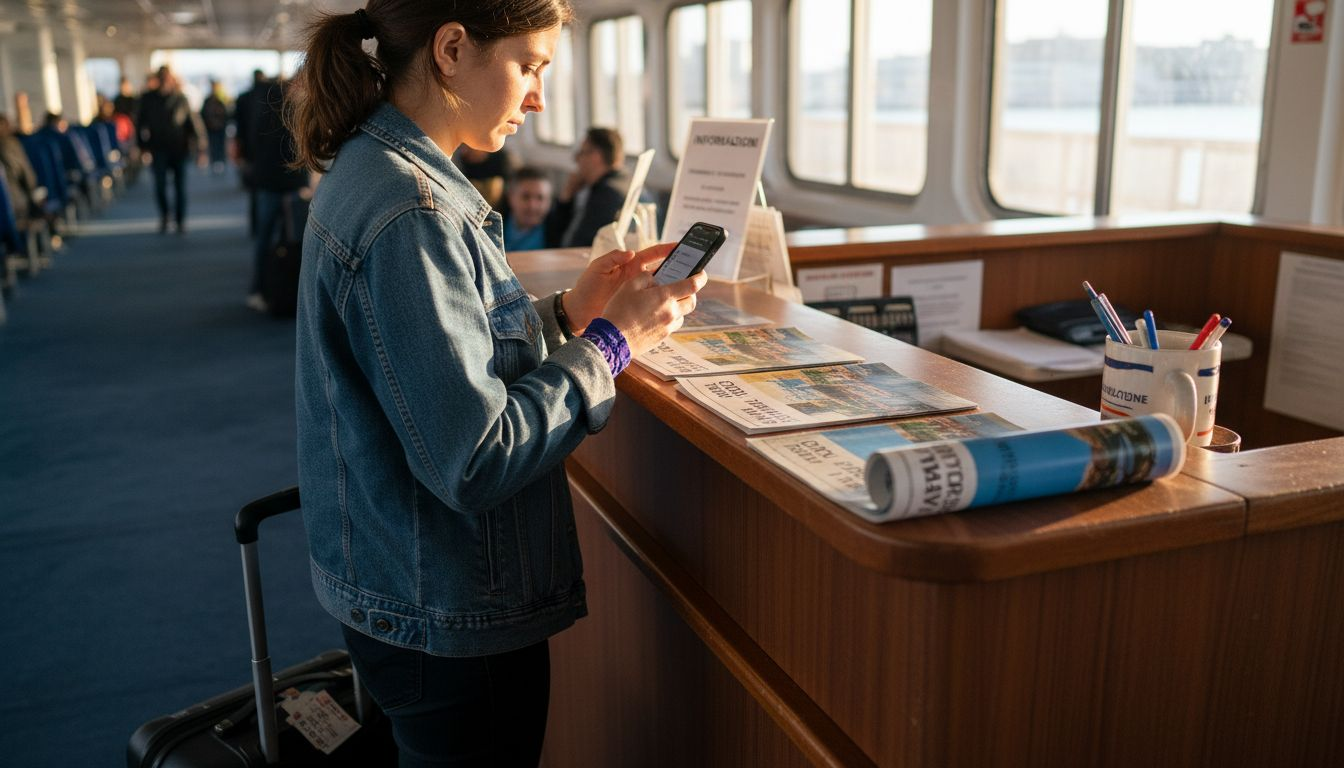 Una donna si avvicina al banco del traghetto per acquistare un pacchetto Wi-Fi.