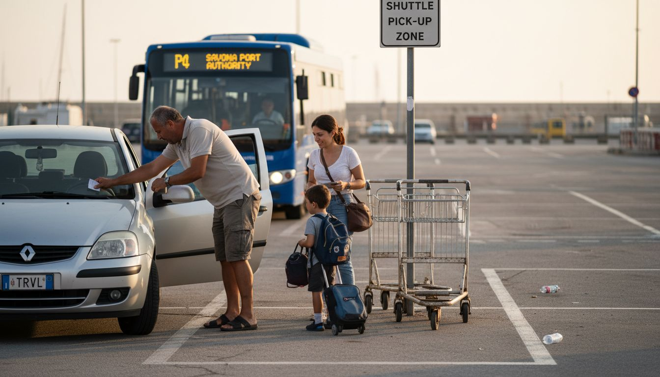 Family at Savona port parking and shuttle area