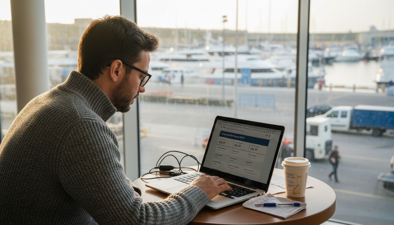 Un hombre revisa y compara diferentes opciones de internet inalámbrico en el puerto.