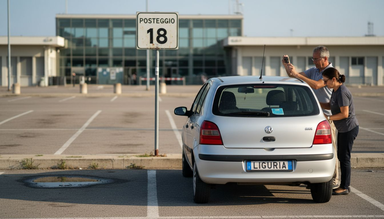 Una coppia parcheggia l’auto nel piazzale d’imbarco dei traghetti a Savona.