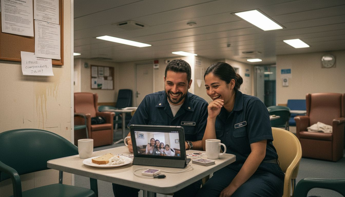 Algunos miembros de la tripulación charlan por videollamada mientras descansan en el salón del barco.