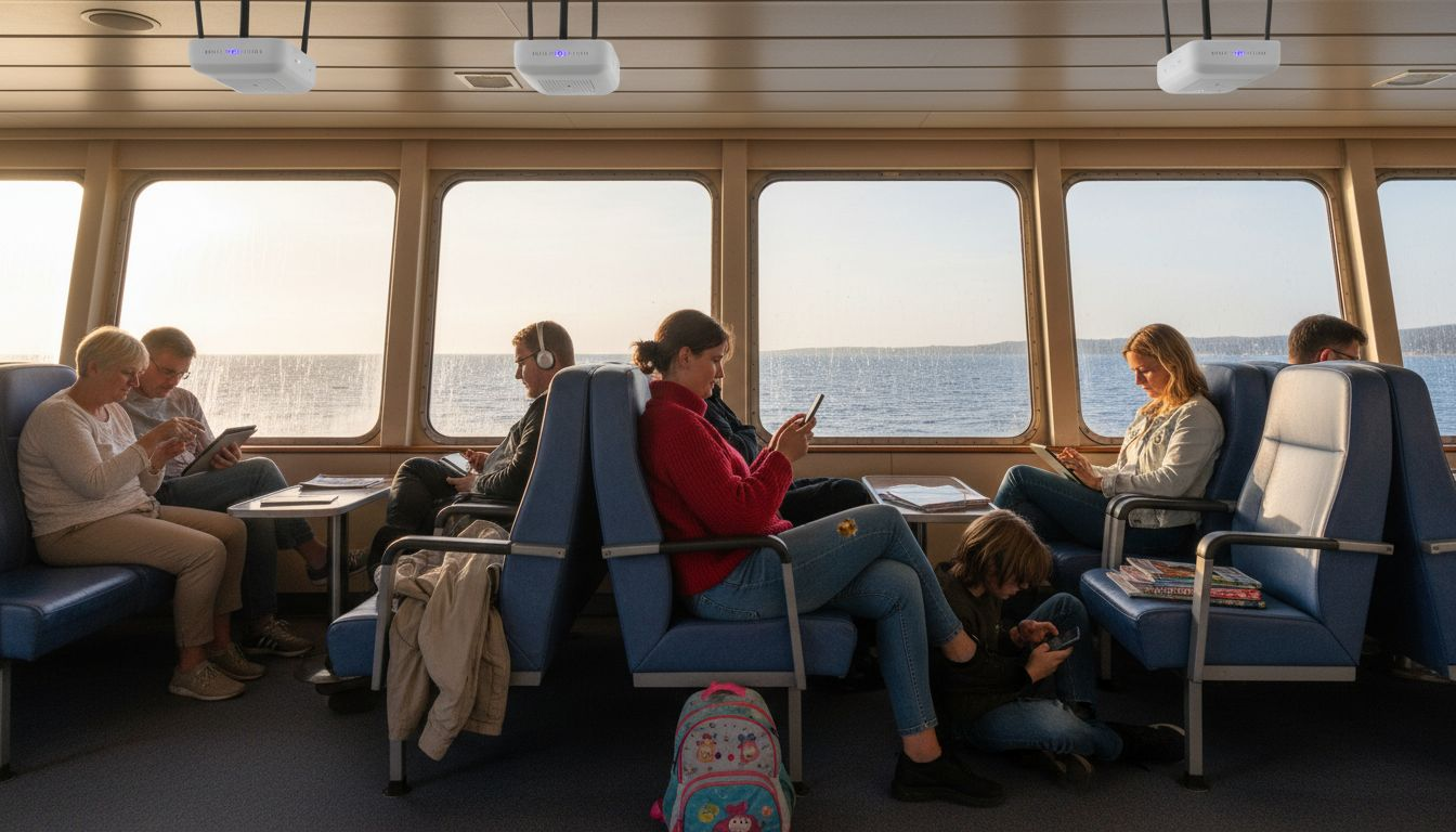 Entspannte Atmosphäre in der Schiffs-Lounge – mit WLAN und anderen Reisenden.