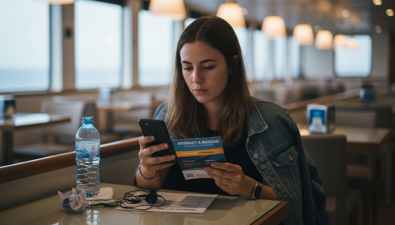 Eligiendo el paquete de internet mientras tomo un café en la cafetería del barco