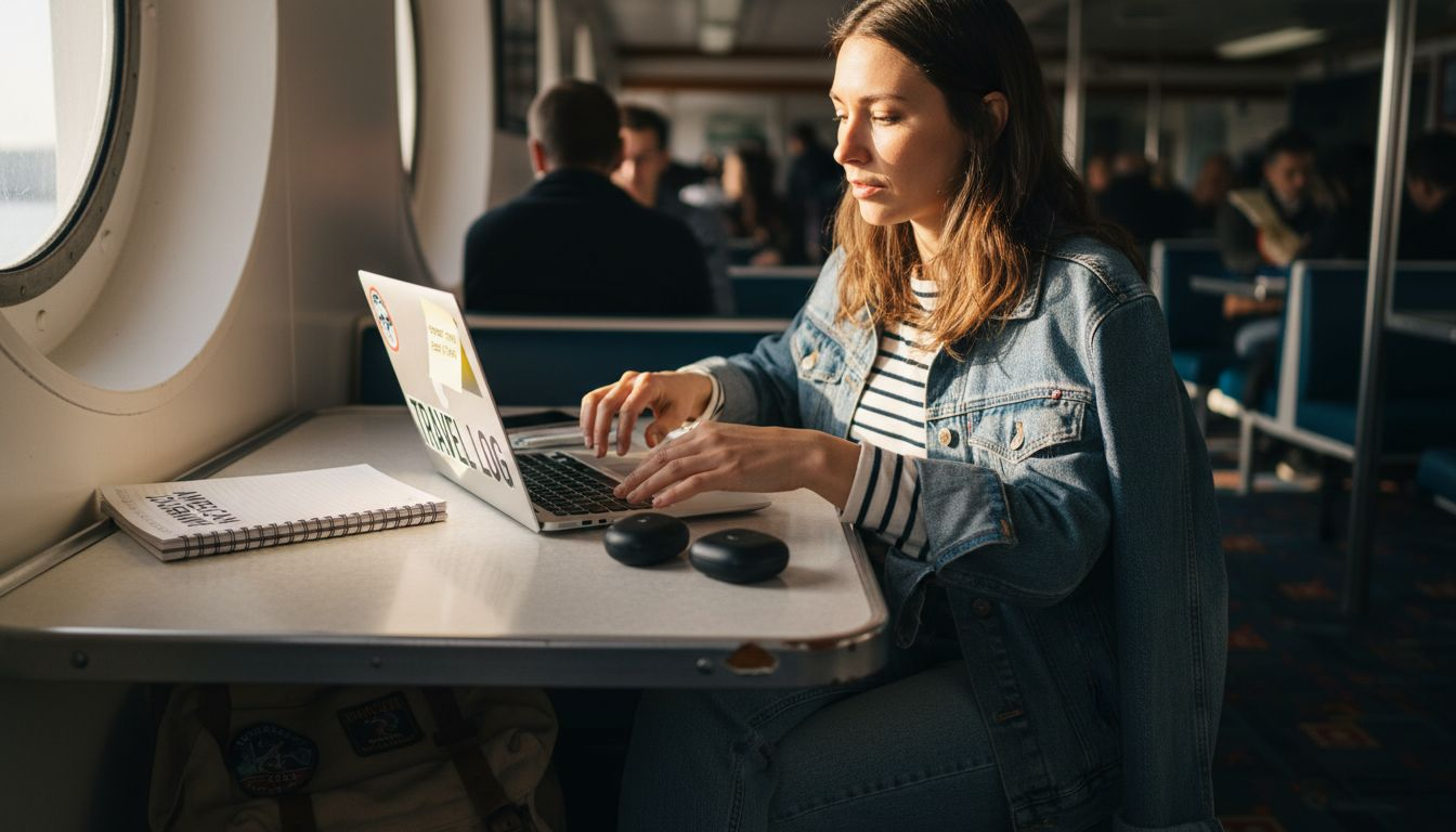 Woman setting up productive ferry workspace