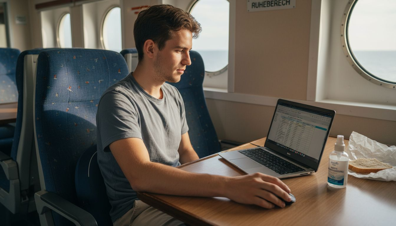 Ein Mann richtet sich seinen Arbeitsplatz auf der Fähre ergonomisch ein.