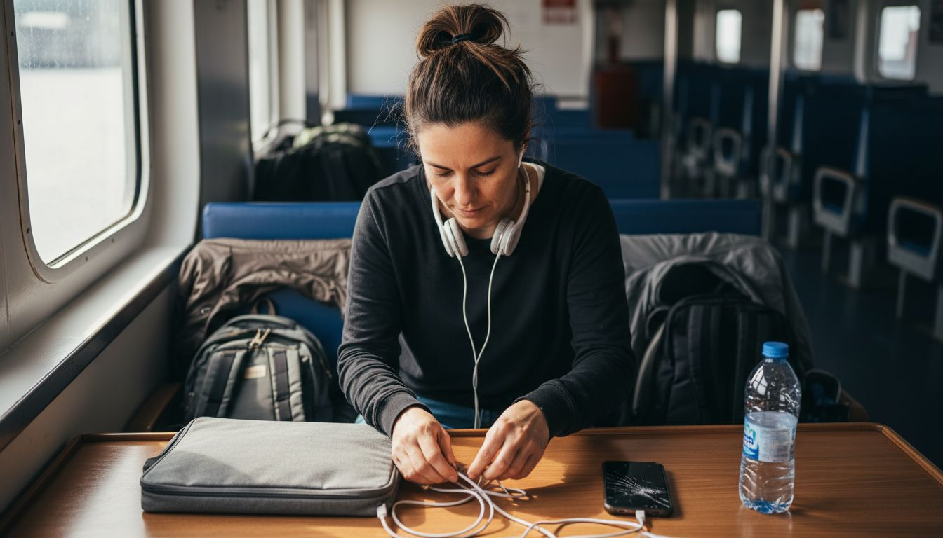 Una mujer acomoda su espacio de trabajo en una mesa mientras viaja en ferry.