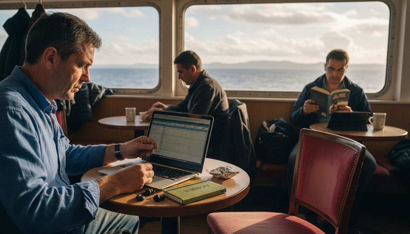 Un uomo sistema la propria postazione di lavoro mentre viaggia in traghetto.