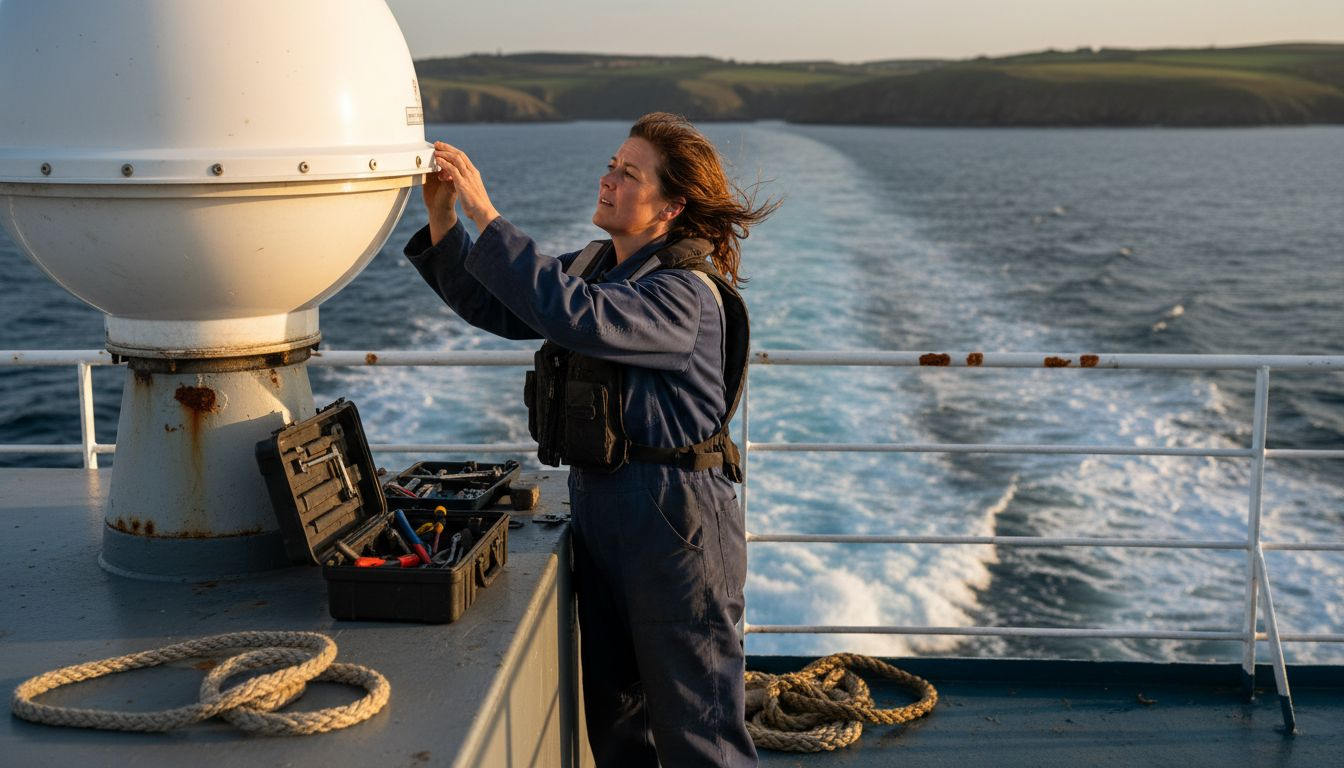 Die Crew richtet auf dem Deck des Schiffs die Satellitenantenne neu aus.