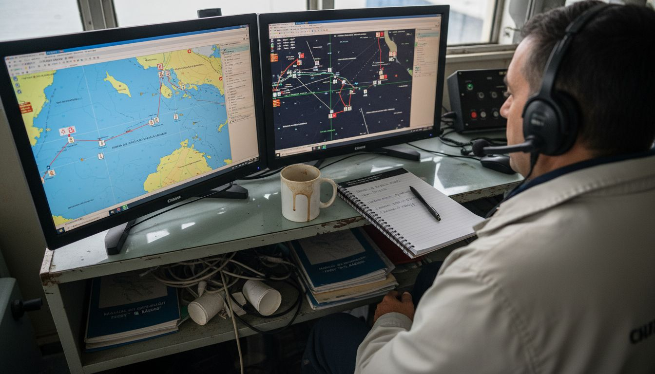 Técnico supervisando los sistemas satelitales a bordo de un ferry