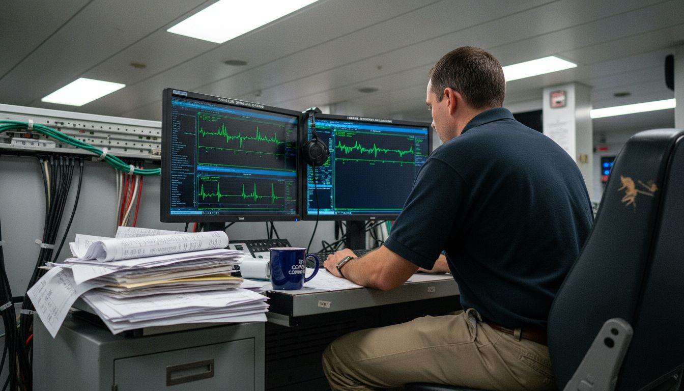 Technician monitoring satellite internet inside ship
