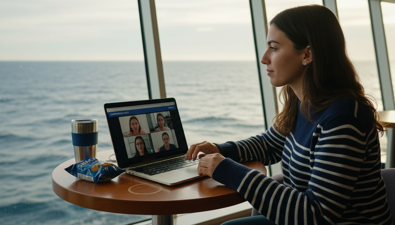 Un passeggero si rilassa nella lounge della nave navigando su Internet grazie al Wi-Fi di bordo.