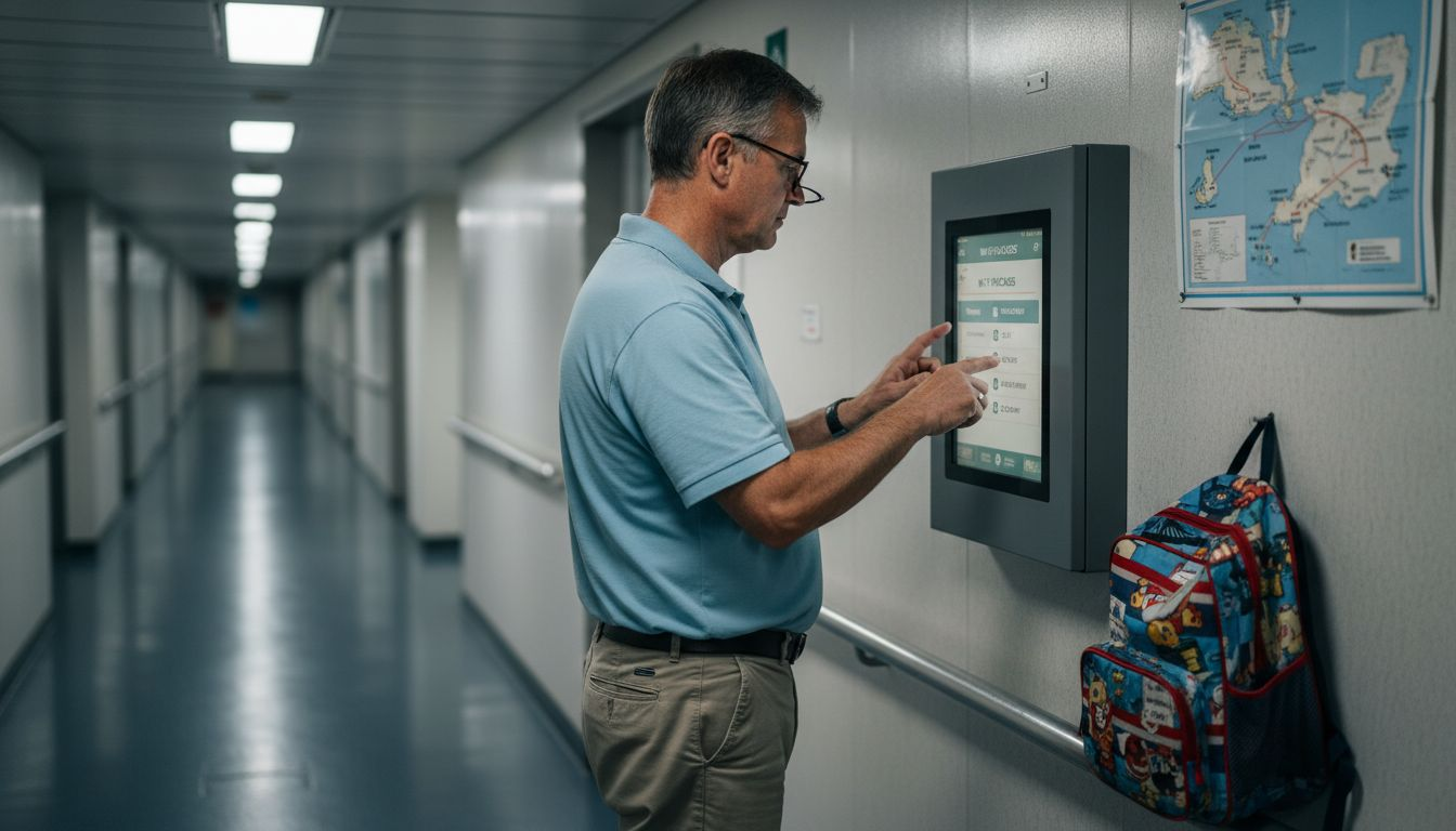 Man choosing ferry Wi-Fi package at kiosk