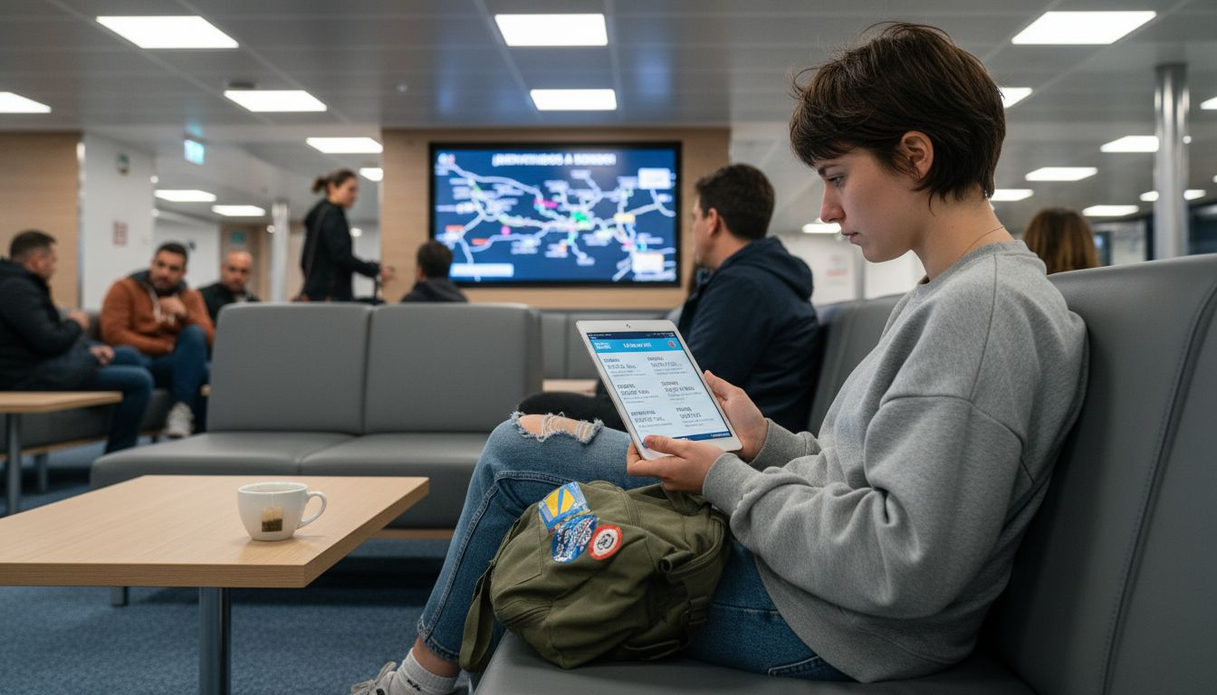 Chico comparando opciones de Wi-Fi mientras viaja en ferry