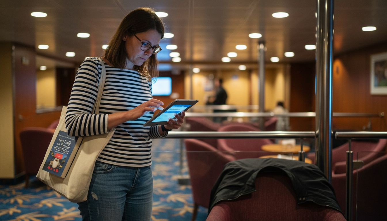 Eine Frau verbindet ihr Tablet mit dem WLAN an Bord des Schiffs.