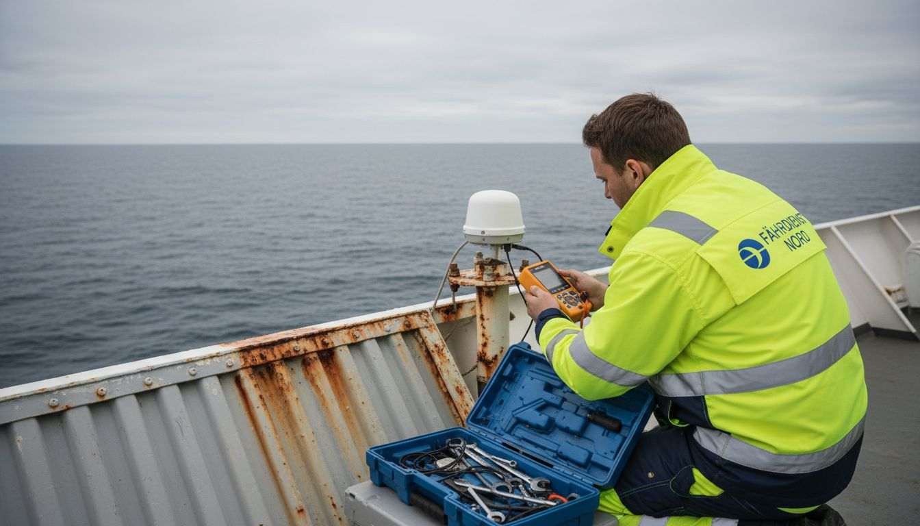 Ein Techniker überprüft die Satellitenantenne auf dem Deck einer Fähre.