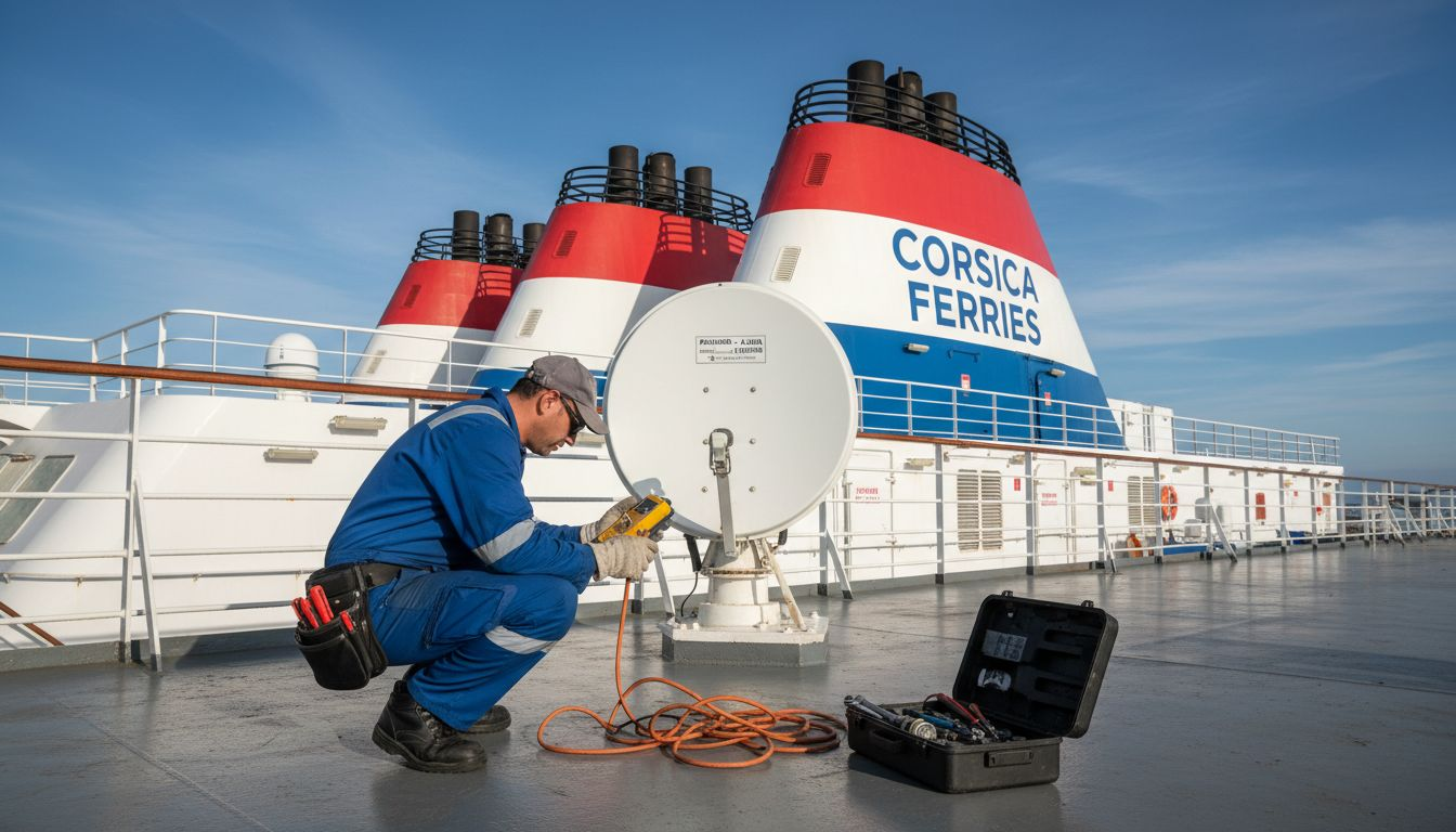 Especialista realizando mantenimiento a la antena satelital a bordo de un ferry