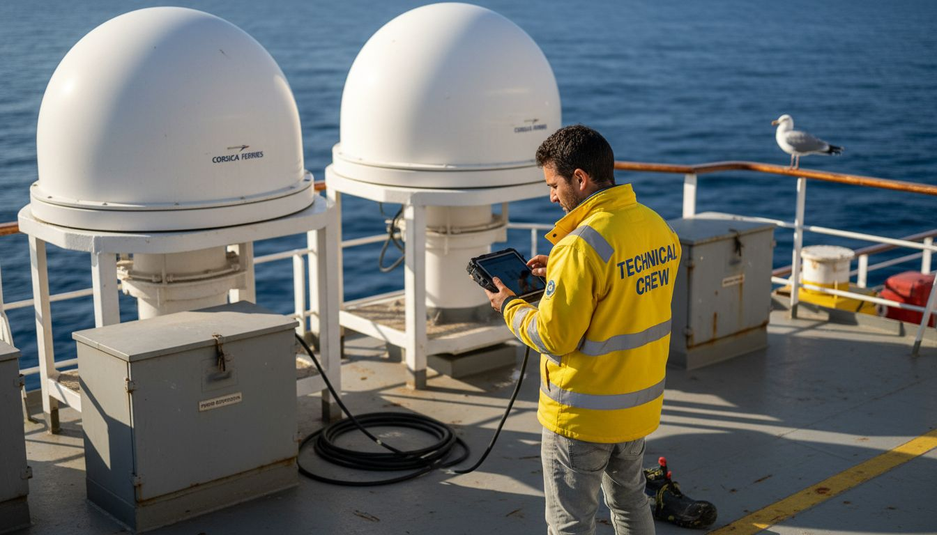 Technician inspecting ship’s satellite antennas