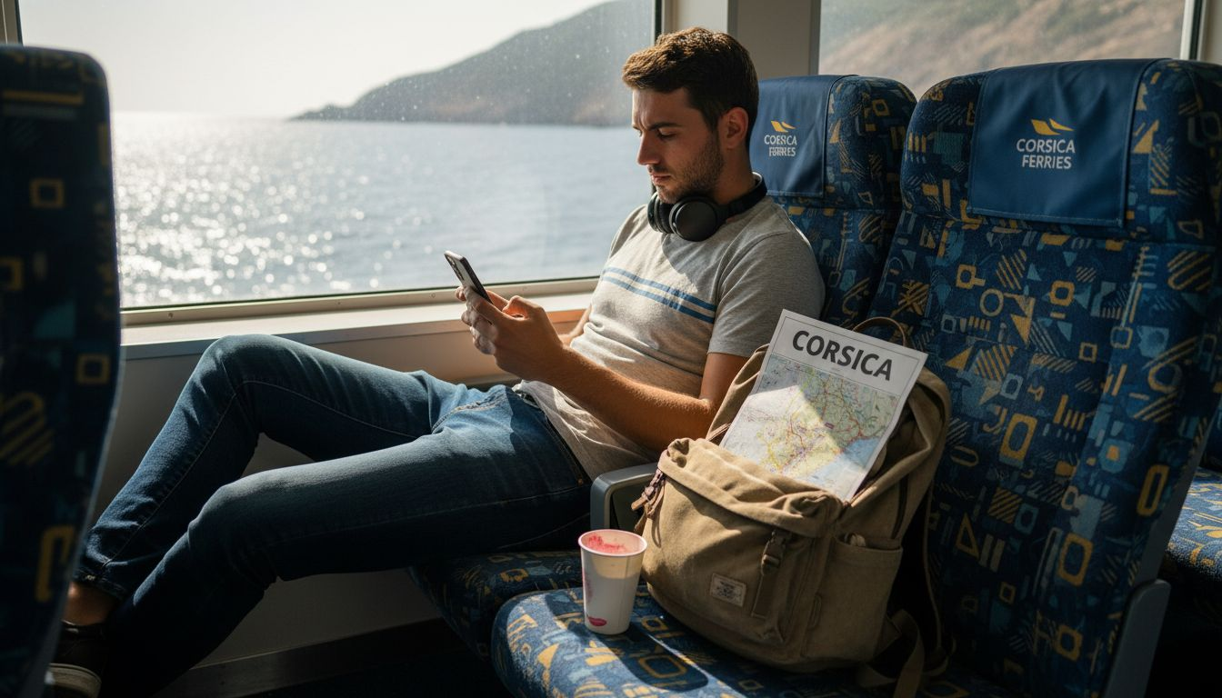 Un passeggero naviga su Internet grazie al WiFi mentre si rilassa nell’area lounge del traghetto.