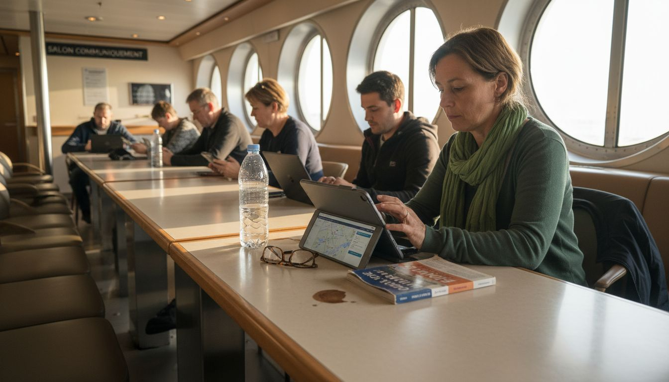 Des passagers connectent leur appareil au wifi dans le salon du ferry.