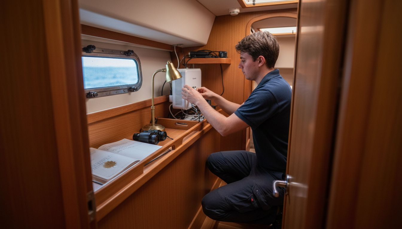 Un technicien procède à l’installation d’un routeur satellite à l’intérieur d’une cabine.