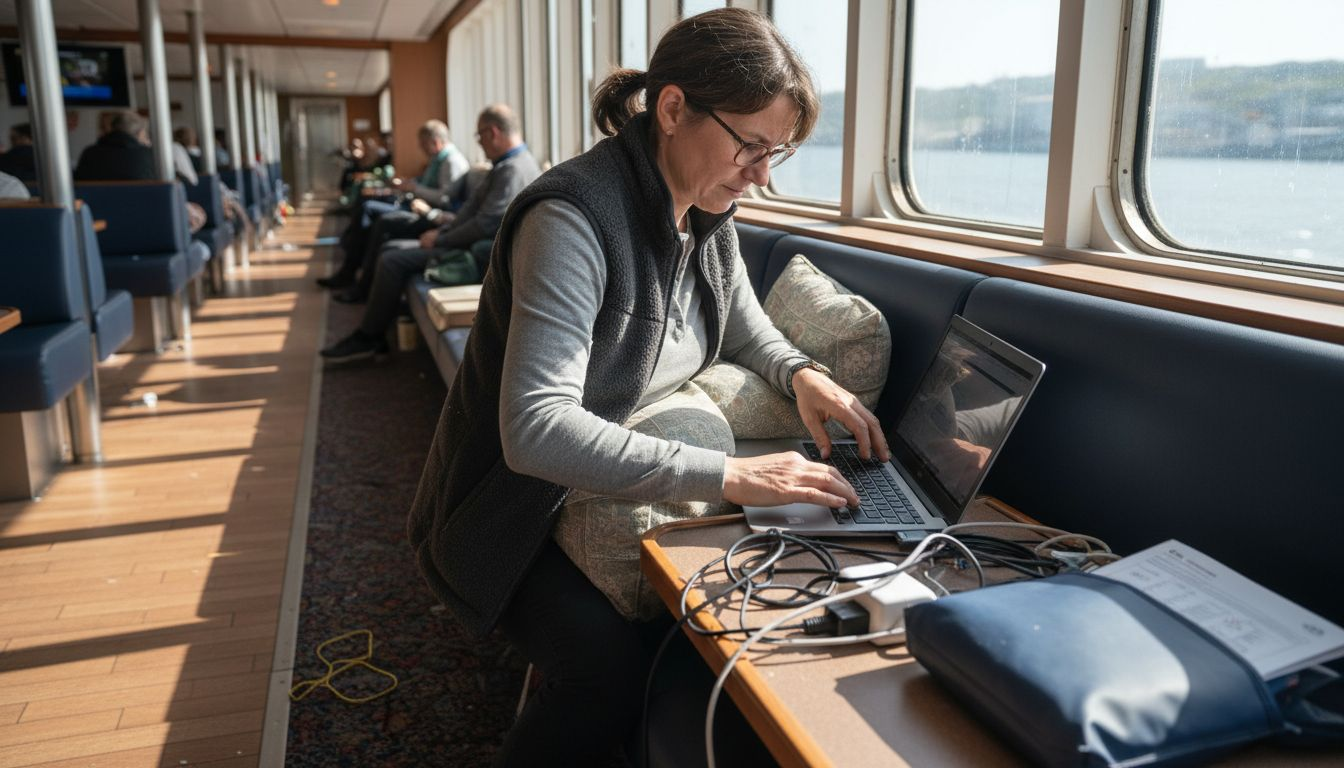 Une femme installe son coin bureau à bord d’un ferry