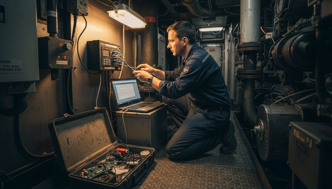 Ein Techniker führt Wartungsarbeiten am WLAN-Router an Bord des Schiffs durch.