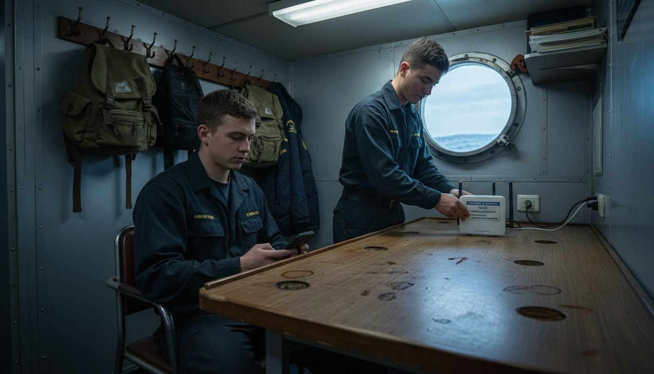Marineros trabajando a bordo con ayuda de tecnología inalámbrica