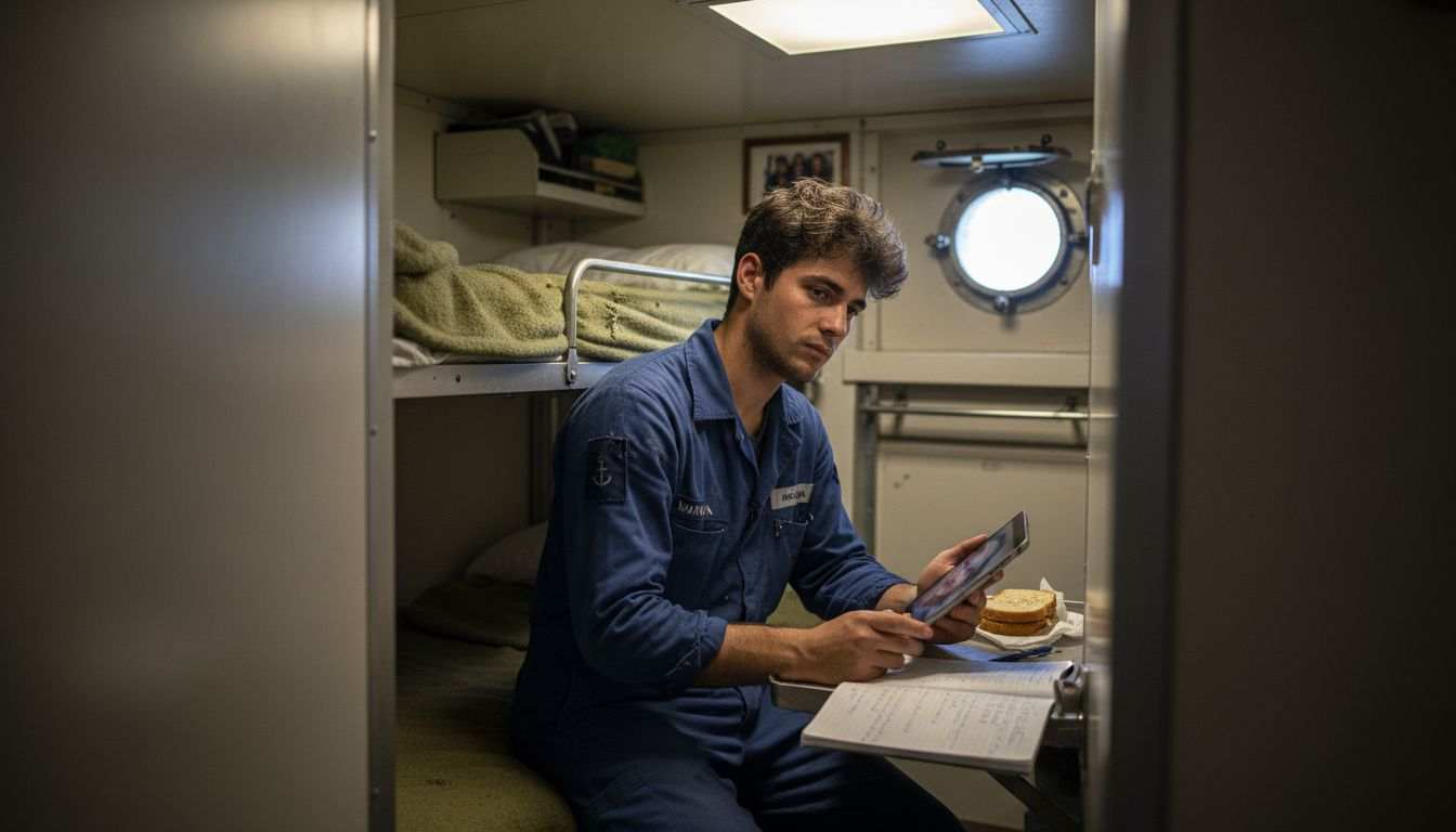 Un membro dell’equipaggio che naviga su Internet tramite Wi-Fi nella propria cabina a bordo della nave