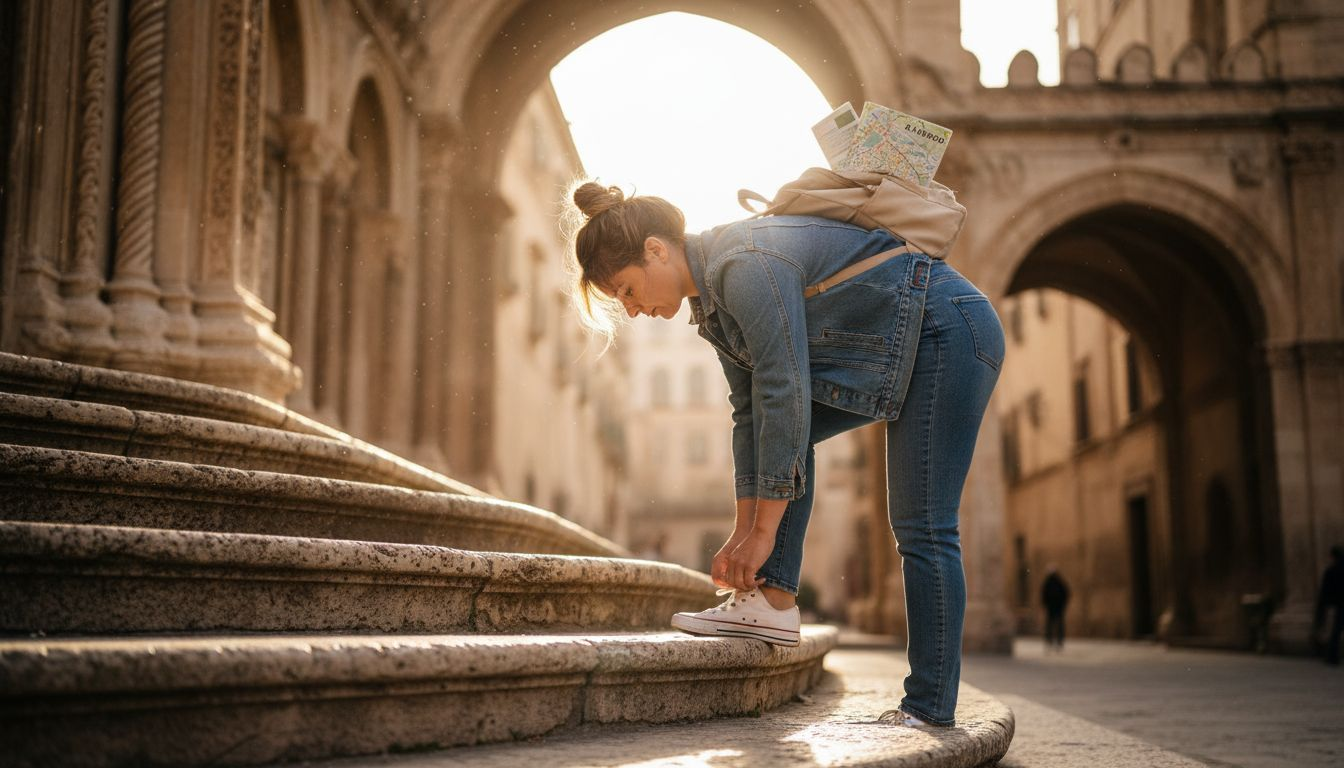 Un turista descansa junto a una iglesia histórica en Palermo.