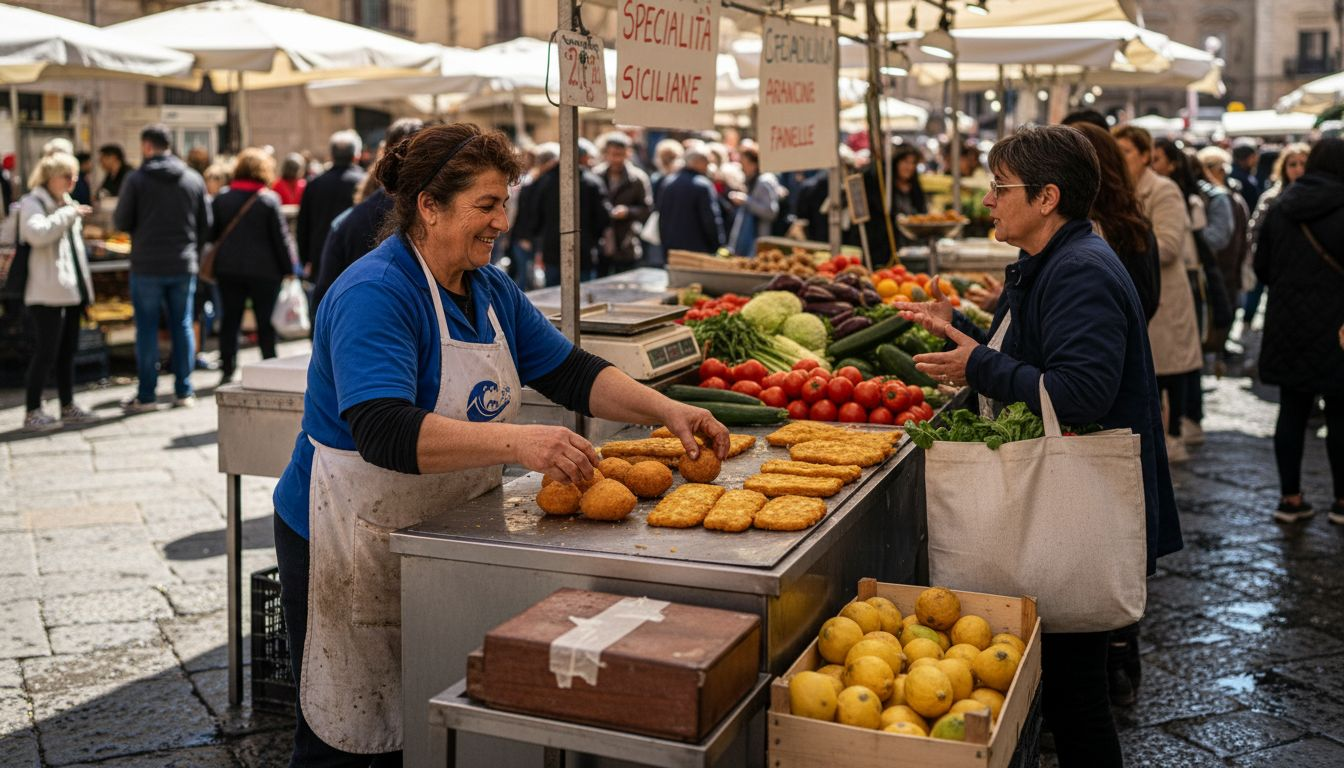 Venditore ambulante che propone le tradizionali arancine di Palermo
