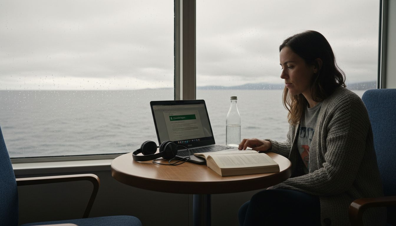 Una mujer verifica la seguridad de la red wifi mientras está a bordo de un barco.