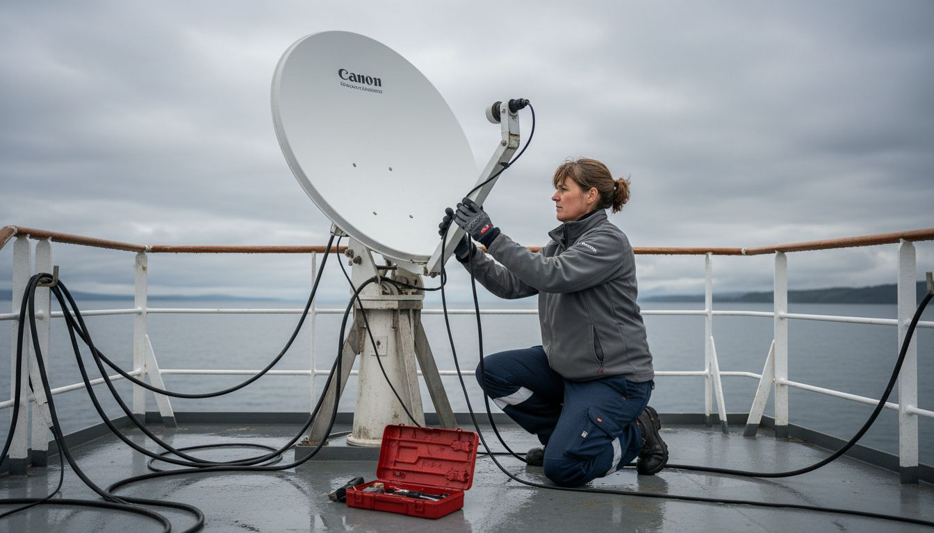 Eine Technikerin justiert die Antenne auf dem Deck der Fähre.