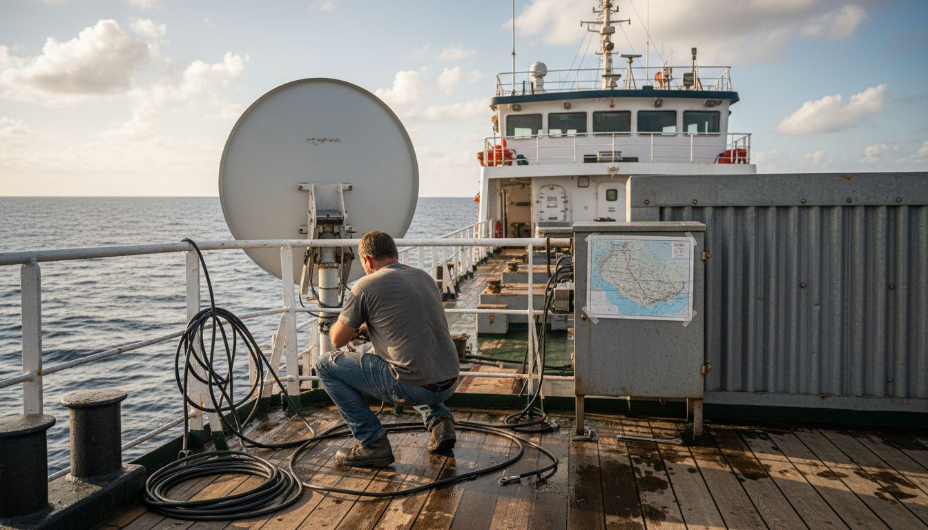 Worker installing ship satellite dish on deck