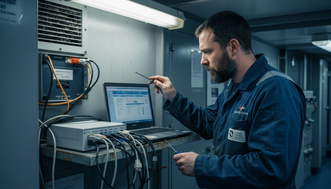 Un technicien effectue un contrôle des installations de connectivité à bord du ferry.