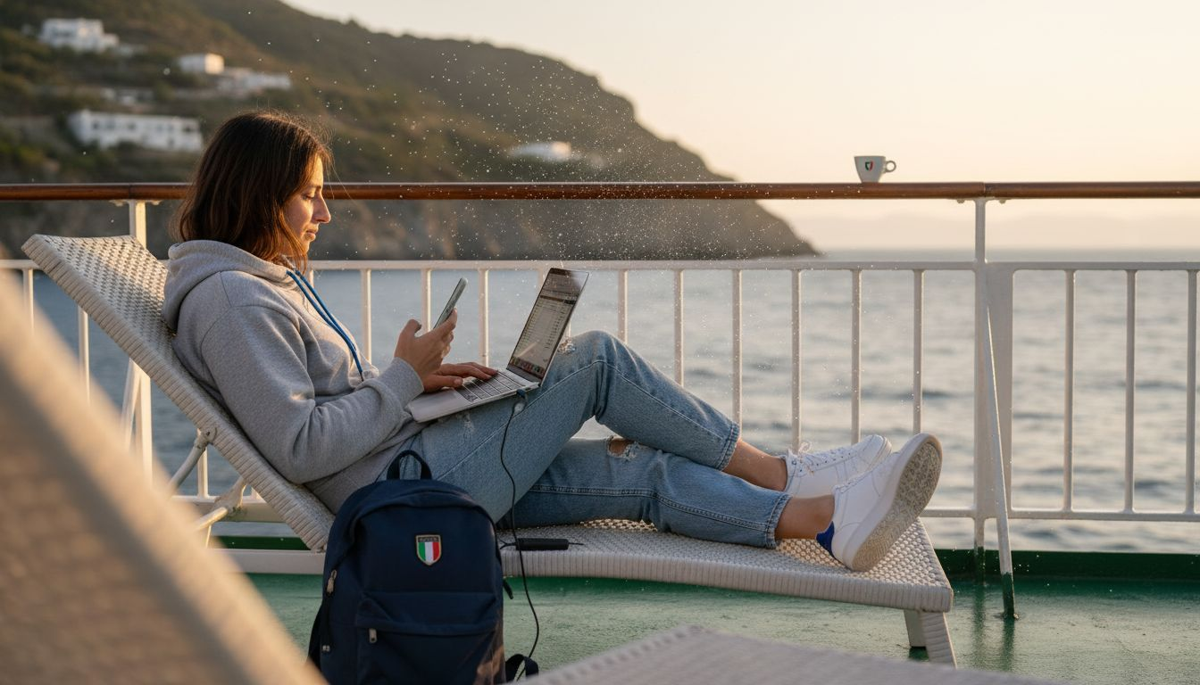 Nomade digitale al lavoro sul ponte di un traghetto, con il mare come ufficio e il laptop sempre a portata di mano.