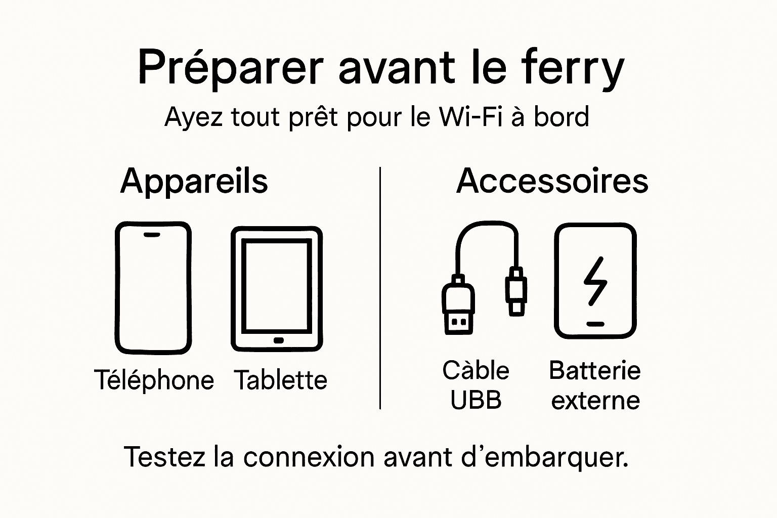 Guide visuel pour bien préparer sa connexion Wi-Fi à bord du ferry : les appareils et accessoires indispensables