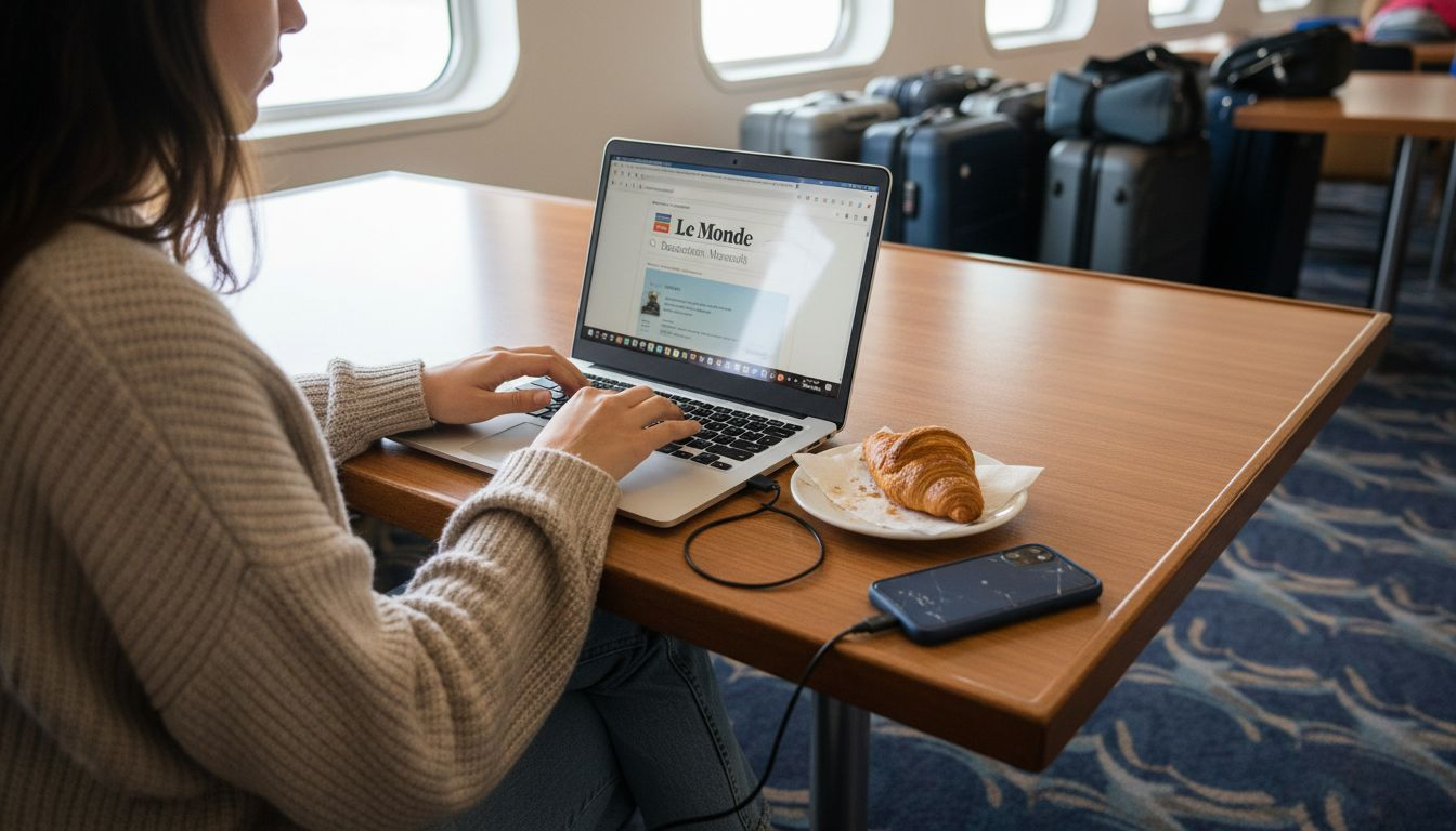 Une femme se connecte au portail Wi-Fi du ferry depuis son ordinateur portable.