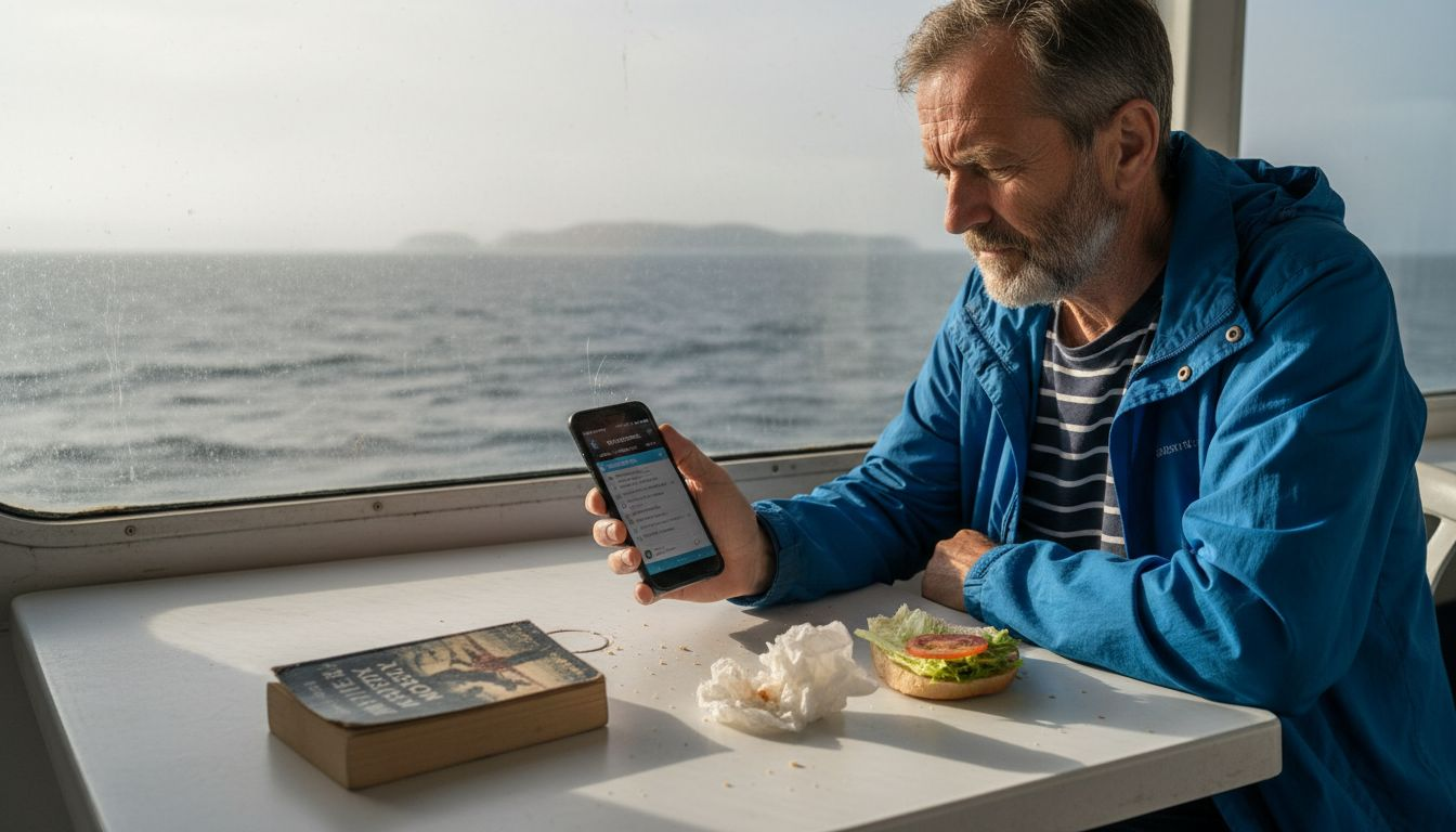 Man selects WiFi network on ferry deck