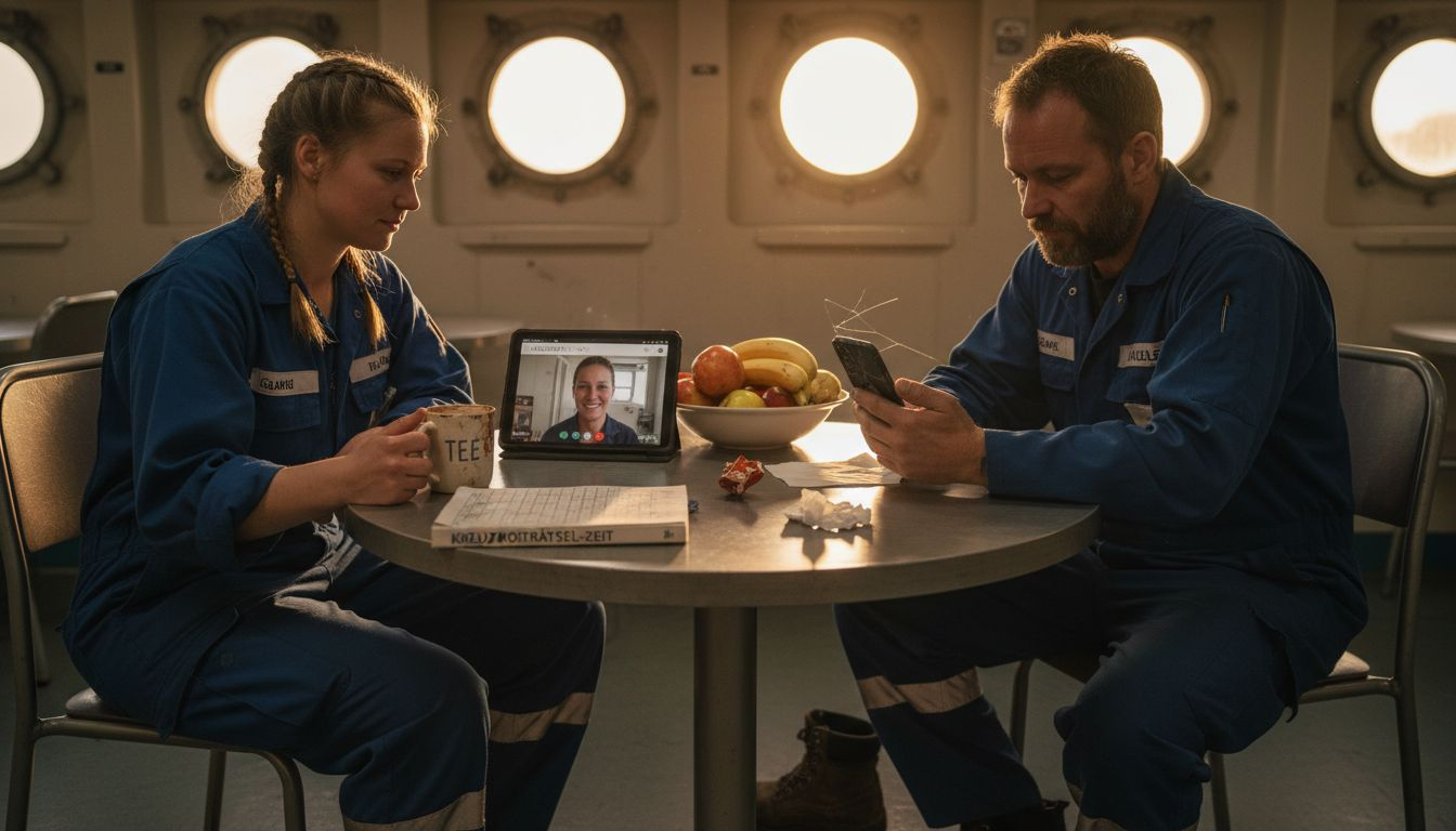 Während ihrer Pause nutzen die Crewmitglieder an Bord die Gelegenheit, um per Videoanruf Kontakt zu ihren Familien zu halten.