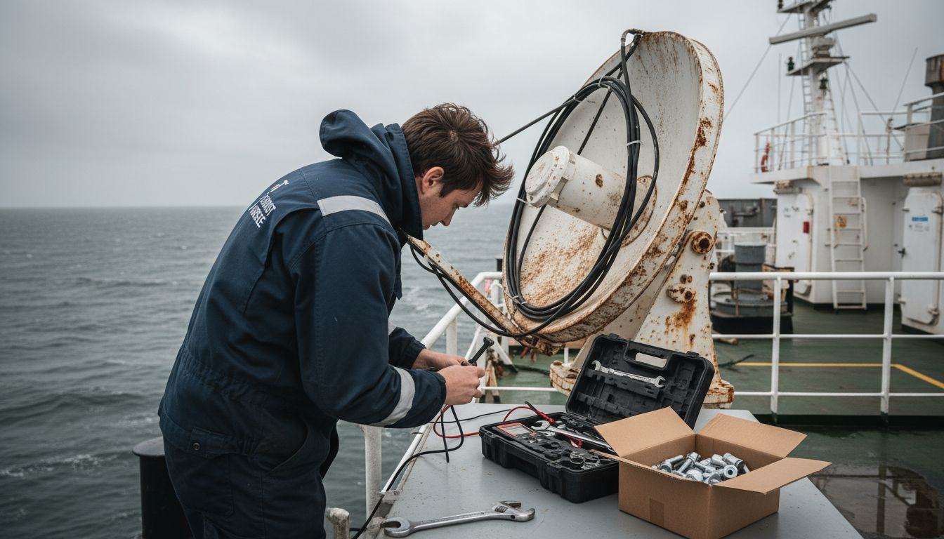 Ein Techniker führt auf einer Fähre Wartungsarbeiten an der Satellitenantenne durch.