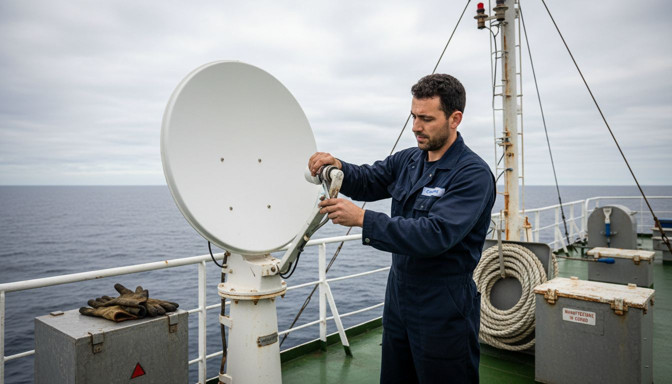 Un tecnico verifica il corretto funzionamento dell’antenna satellitare a bordo del traghetto.