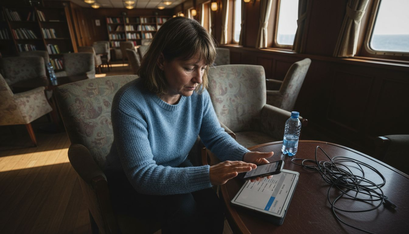 Passagère à la recherche du réseau Seafy pendant son voyage