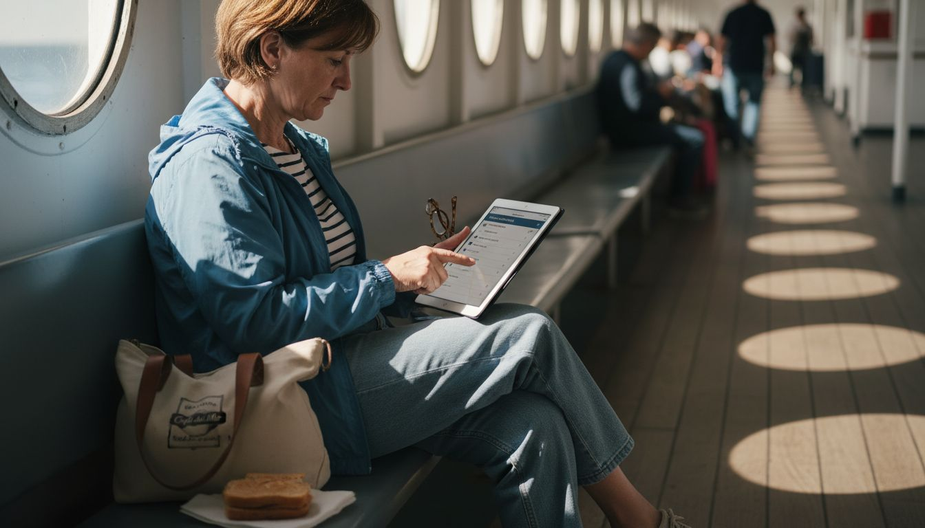 Una mujer configura la conexión Wi-Fi de su dispositivo mientras viaja en un ferry.