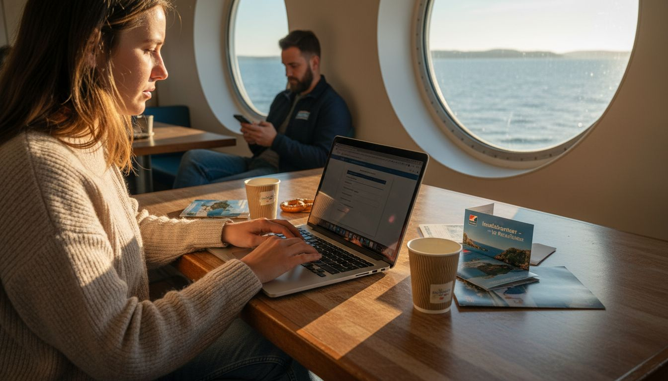 Ein Fahrgast bezahlt im Aufenthaltsraum der Fähre für den WLAN-Zugang.