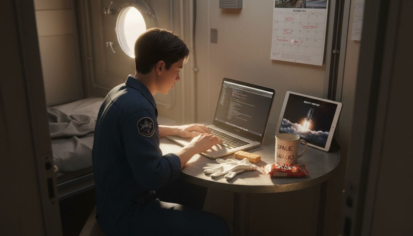 Crew member working online in ship cabin